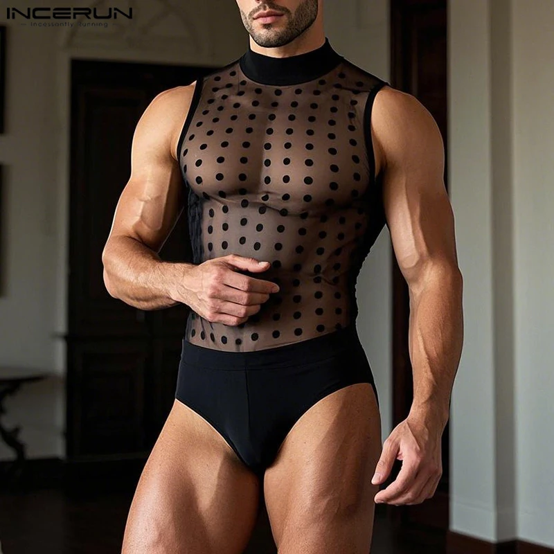 Men bodysuits Men jumpsuits Men lingerie INCERUN Fashion Men Homewear Polka Dot Mesh See Through Bodysuit Sexy Semi High Neck Sleeveless Triangle Thin Jumpsuit S-3XL