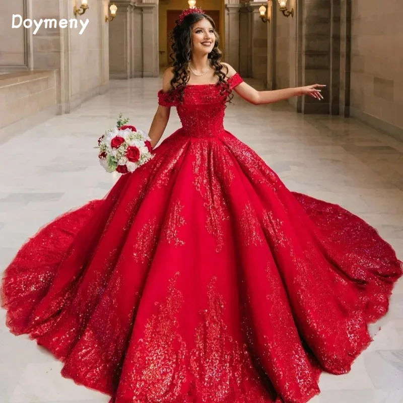 

Doymeny аппликация, платье Quinceanera с открытыми плечами, блестящие пайетки оборки, атласные платья для выпускного вечера, милое 16 вечерние vestido 15