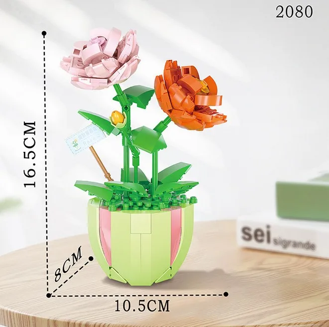 Mini Potted Flowers Block DIY Rose Cactus Dandelion Daisy Building