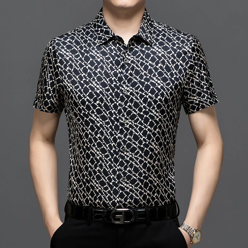 High Quality Men's Silk Tops Summer Fashion Stripes Smooth Satin Silk Shirts Short Sleeve Soft Mulberry Dress