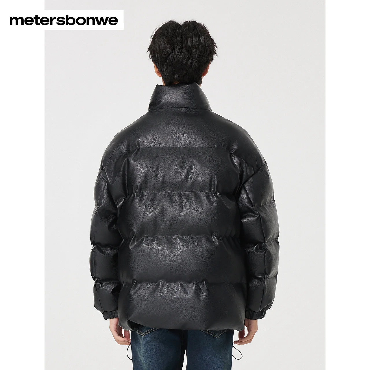 Metersbonwe Black PU Cotton Coat Men Standing Collar Artificial Leather Loose Coat Winter New 23 Thick Warm Cotton Jacket Brand