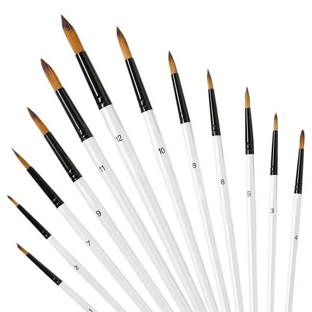 12Pcs Nylon Watercolor Brush Set Soft Hair Pointed Round Flat Head Painting Brushes Artists Beginner's Art Hand Drawn Watercolor
