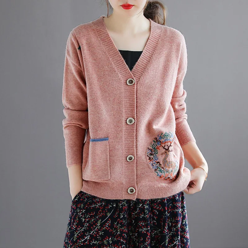 

Casual Fashion V-Neck Loose Pockets Embroidery Shirt Women's Clothing 2022 Autumn New Korean Tops All-match Commute Blouse