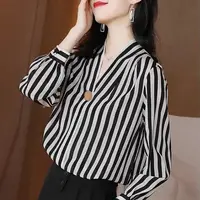 2022 Stripe Office Wear Chiffon Profession Blouses Temperament Fashion Woman Urban Top with Sleeves Ladies Aesthetic Basic Shirt 4