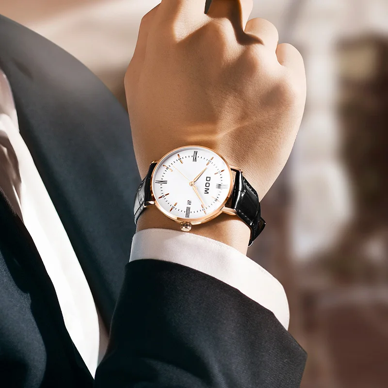 DOM Men's quartz watch Minimalism Steel band watch Waterproof Date Bussiness Watch Fashion Leather Strap Men's Watch M-1287