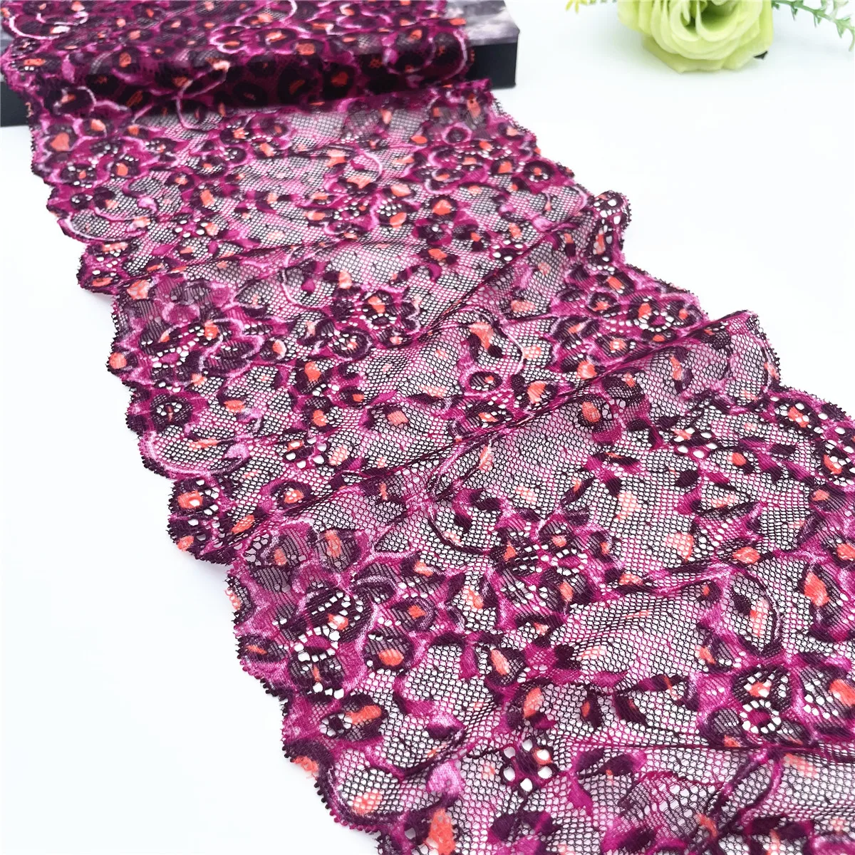 3y/lot 19cm Floral Violet Elastic Lace Trim DK Purple 1