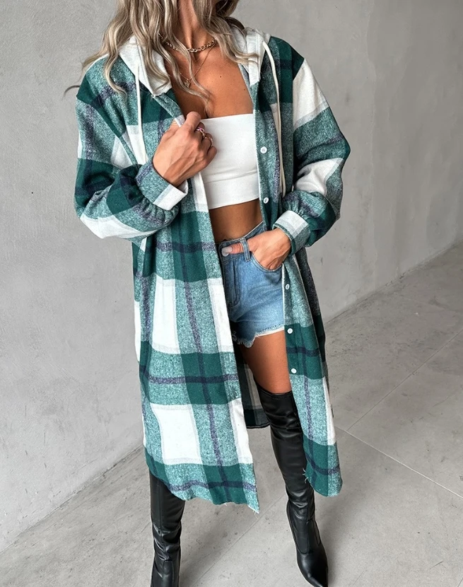

Women's Long Coat 2023 Autumn New Plaid Print Drawstring Buttoned Hooded Longline Shacket Fashion Casual Patchwork Plaid Coat