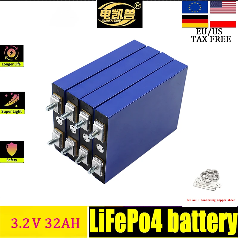 

DIANKAISHOU 3.2V 32Ah battery pack LiFePO4 phosphate 32000mAh for 4S 12V 24V Motorcycle Car motor batteries modification Stud