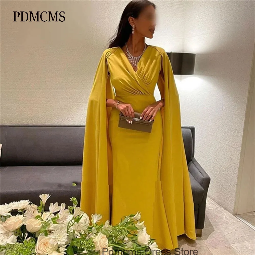 

PDMCMS Yellow Satin Mermaid Prom Dresses Long Cap Sleeves V Neck Ruched Party Dress Saudi Arabic Women Celebrity Evening Gowns