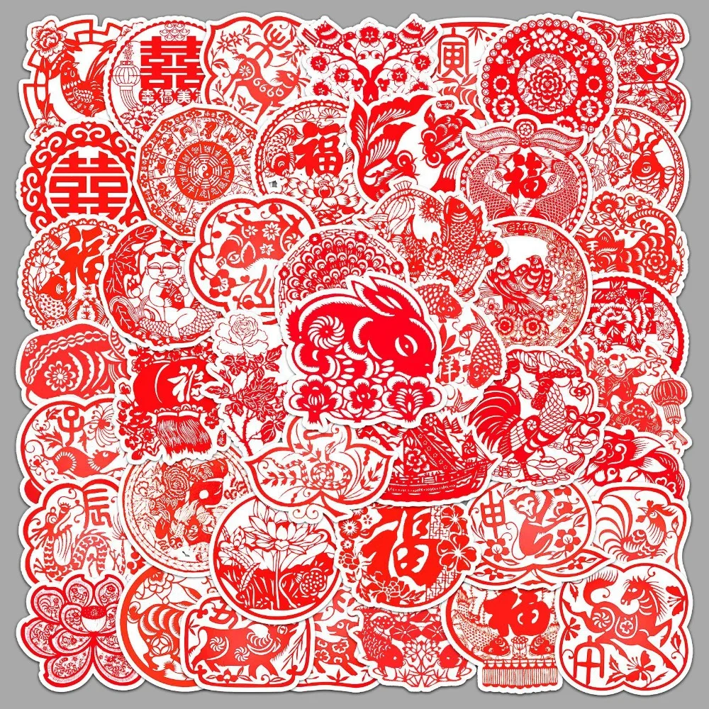 50pcs Chinese Traditional Red Paper Cuttings Lucky Fu Letter Art Stickers New Year Home Decor Decorative DIY Scrapbooking 6