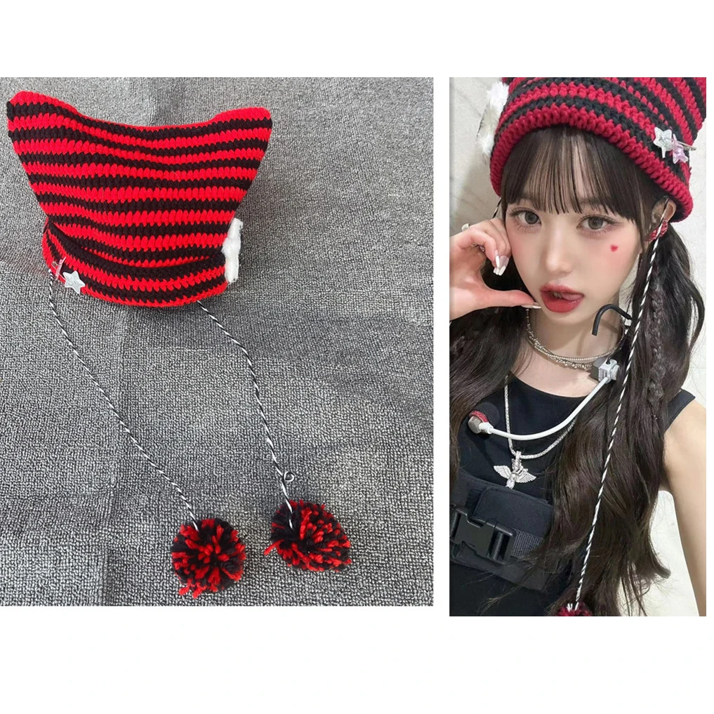 

Kpop IVE Yeonjun Red Strip Cat Ear Beanie Hat Knitted Hat Warm Wool Cap Yujin Gaeul Wonyoung LIZ Rei Leeseo Accessories Fan Gift