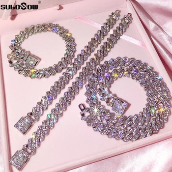 14MM Miami Prong Cuban Link Chain Necklace for Women Gold Silver Color Luxury 2 Row Rhinestones Cuban Choker Iced Out Jewelry 1