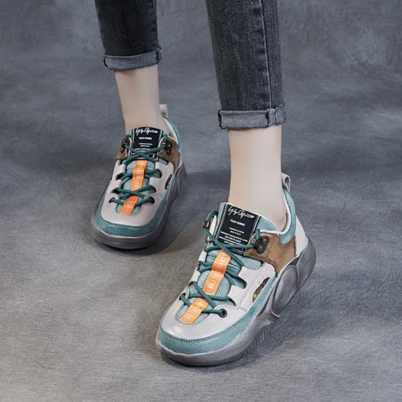 

YourSeason Ladies Thick Sole Mixed Colors Casual Sneakers 2023 Autumn Spring Women New Genuine Leather Lace-up Shoes Round Toe
