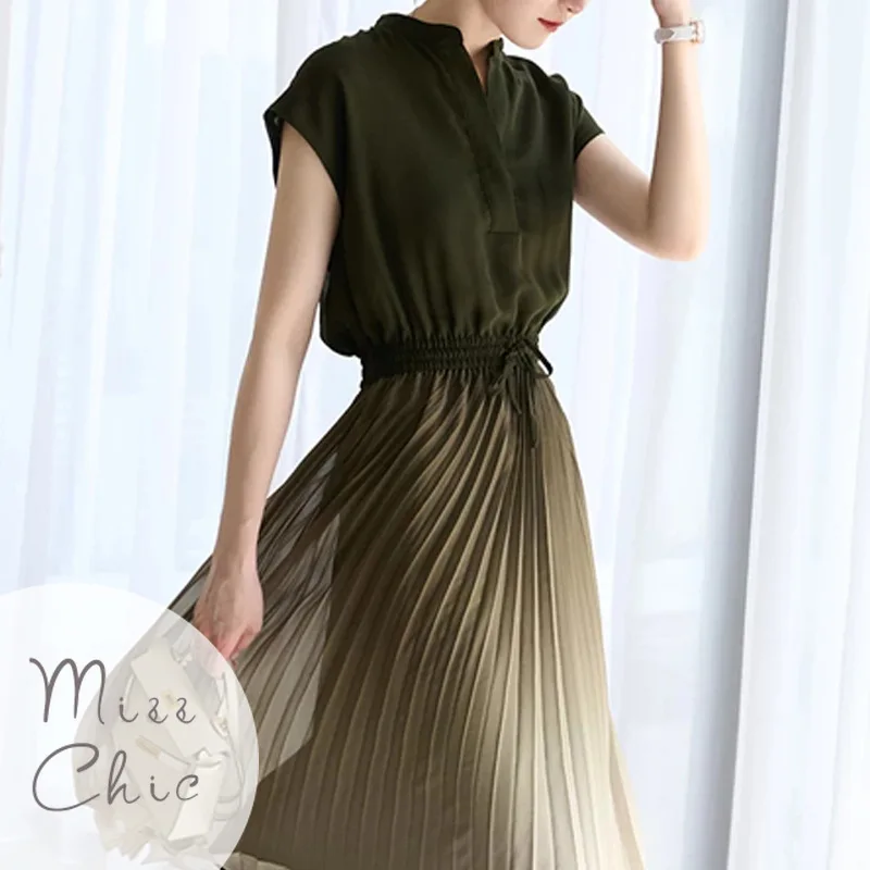 

Elegant and Elegant Pleated Gradient OL Dress Chiffon 2023 New Temperament Slimming and Elastic Waist Commuting Dresses