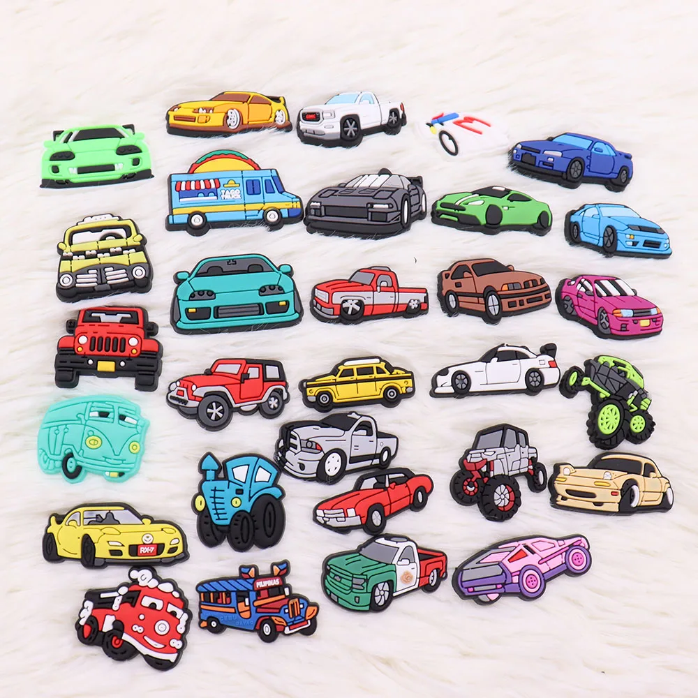 Single Sale 1PCS PVC Shoe Charms Kawaii Car Racing Sports Car Van Truck Bus Slipper Accessories Children Adorable Decorations