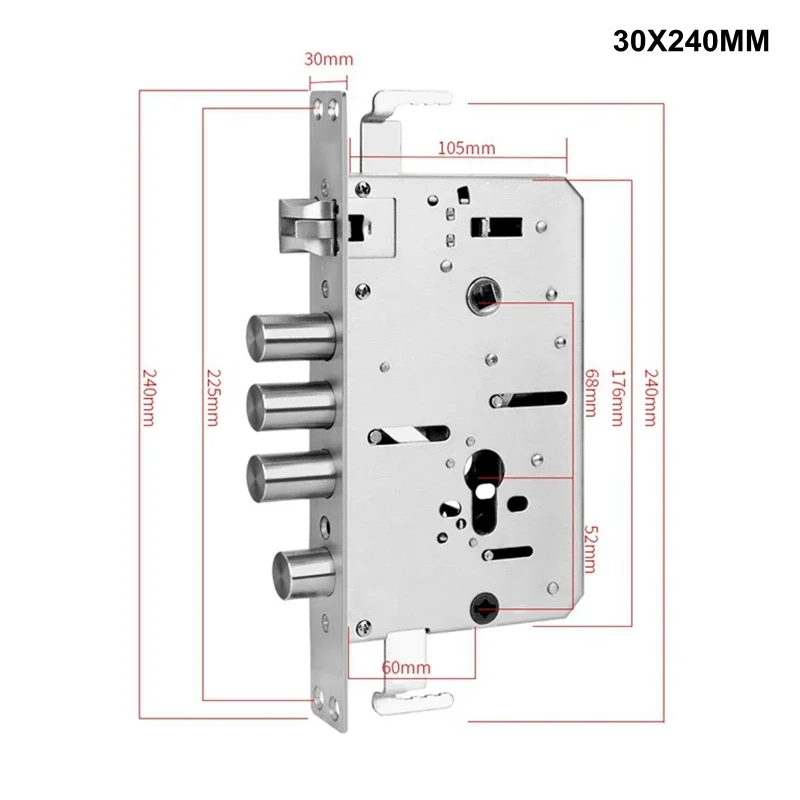 Boîte de serrure en métal avec quatre pênes cylindriques, affichée avec ses dimensions détaillées : hauteur 240 mm, largeur 30 mm, entraxe 60 mm, distance 105 mm et autres mesures indiquées autour du mécanisme