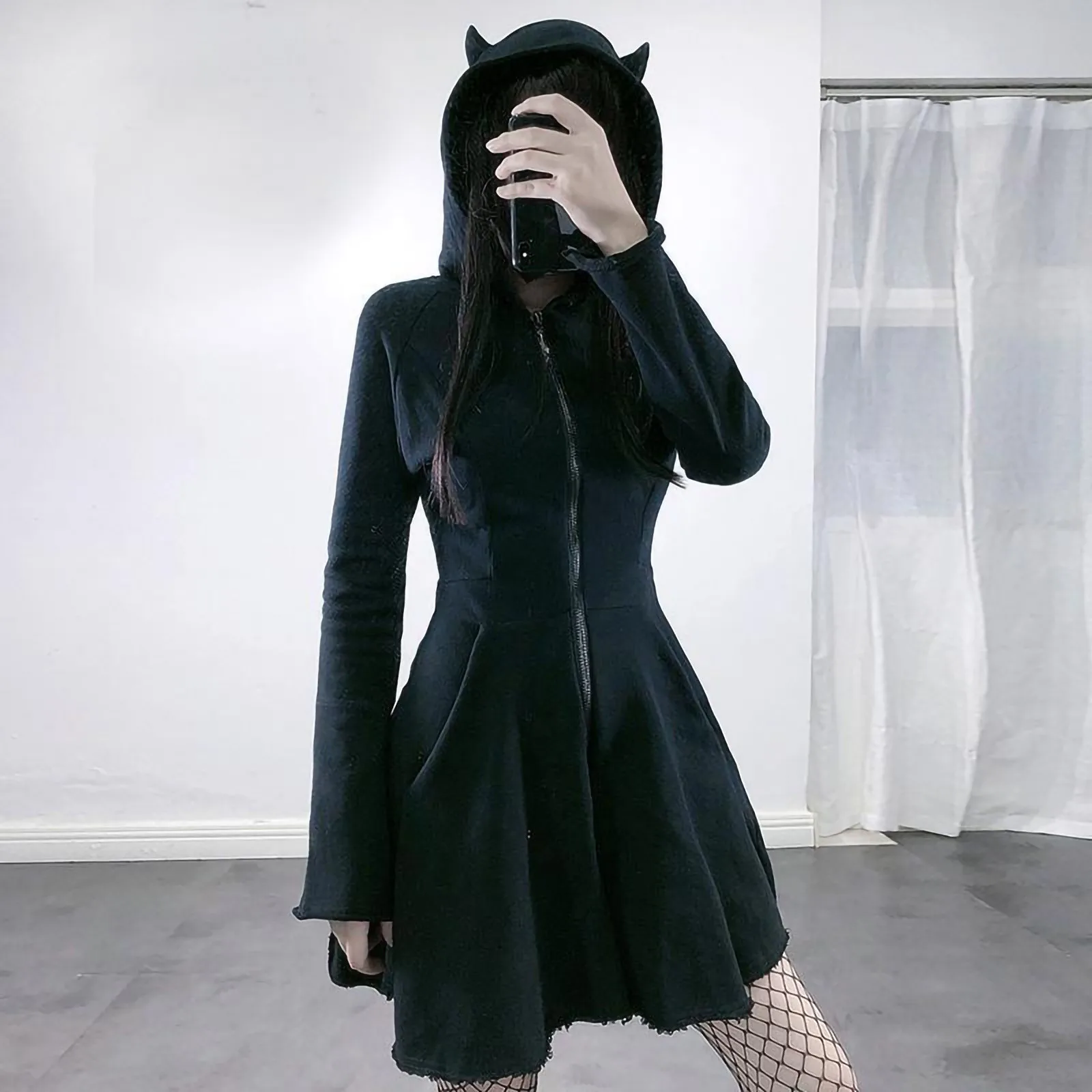 Street Hip Hop Goth Harajuku Black Zip Hoodie Women