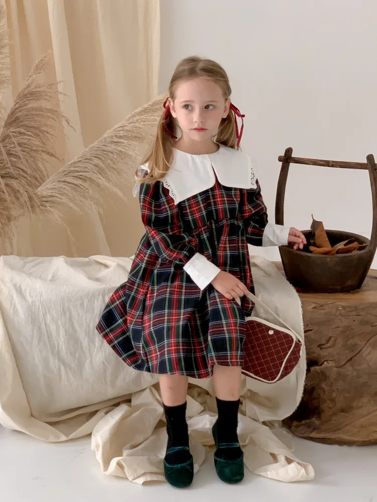 

Korean Girls' Dress Autumn New Children's Retro Long Dress Little Girl Plaid Princess Dress Zljg