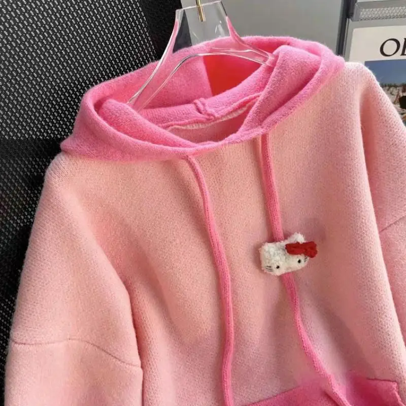 

Sanrio Hellokitty Big Size Fat Japanese Sweet Hooded Sweater Coat Female 2023 Autumn and Winter New Loose Knit Top