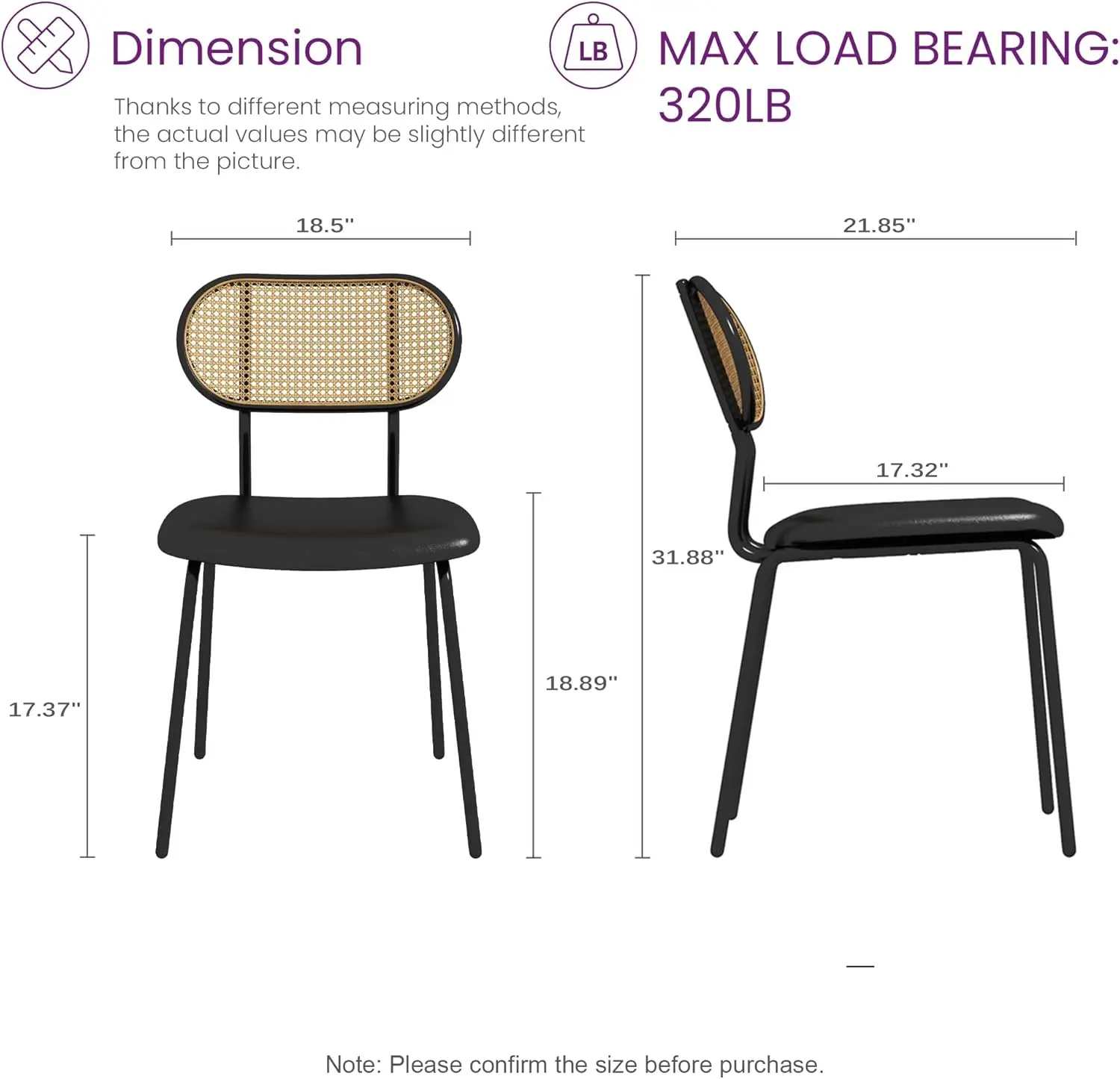 Dining Chairs Set of 2 Rattan Kitchen Chairs Black Leather Boho Dining Room Chairs Mid Century Modern Woven Upholstered