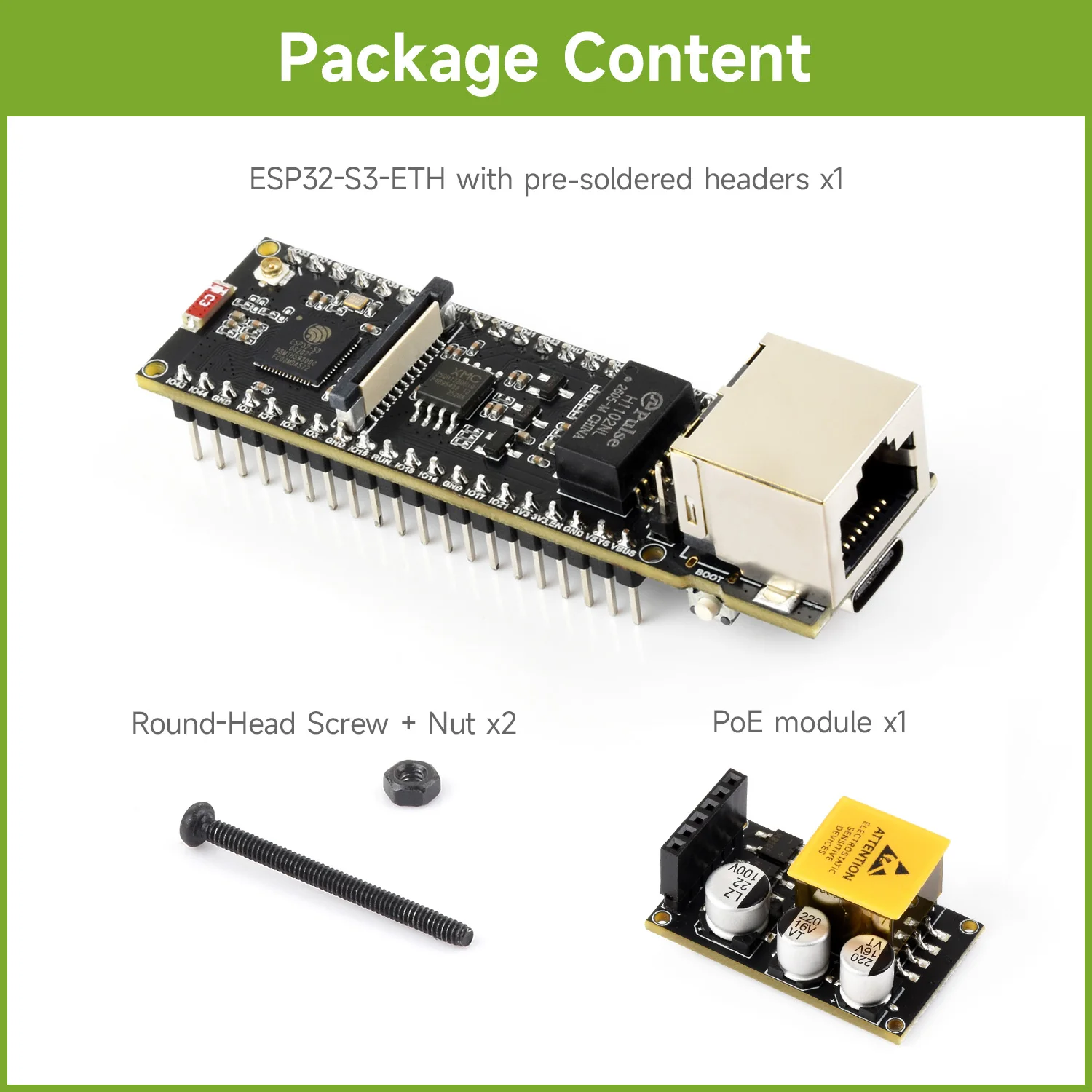 ตัวเลือกสินค้า บอร์ดพัฒนา Waveshare ESP32-S3 ETH, ตัวเลือกเสริมสำหรับโมดูล PoE และโมดูลกล้อง, ช่องใส่การ์ด TF ในตัว, อินเทอร์เฟซกล้อง