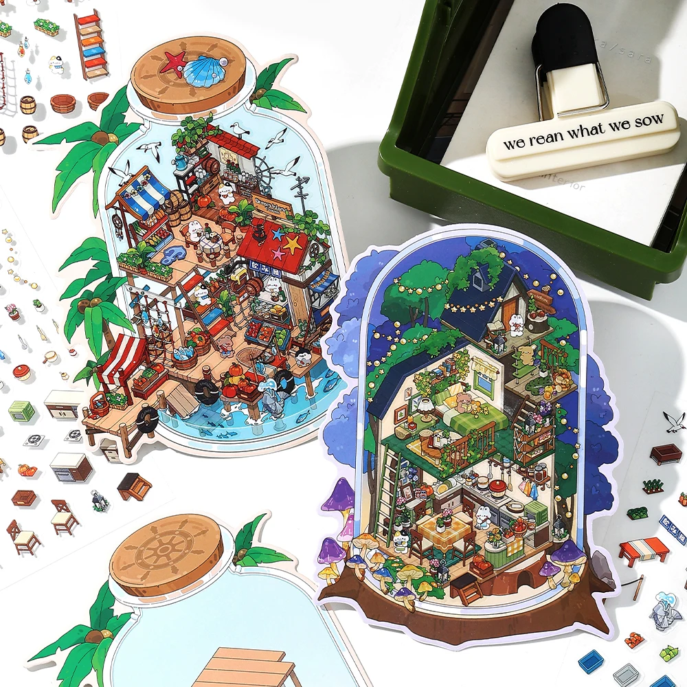 Kawaii Deep Sea Home 3D DIY Landscape Sticker Pocket Cabin Scene Stacking Pasting Festival Birthday Gift for Kid Child