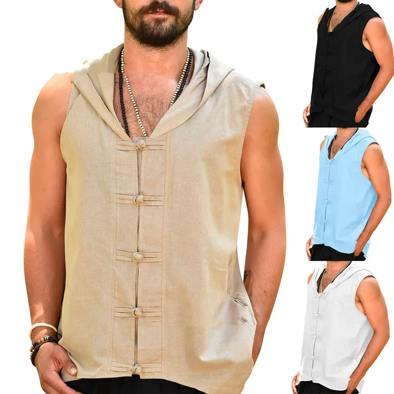 

Men's Sleeveless New Summer European Size Solid Color Hooded Vintage Buttoned Vest