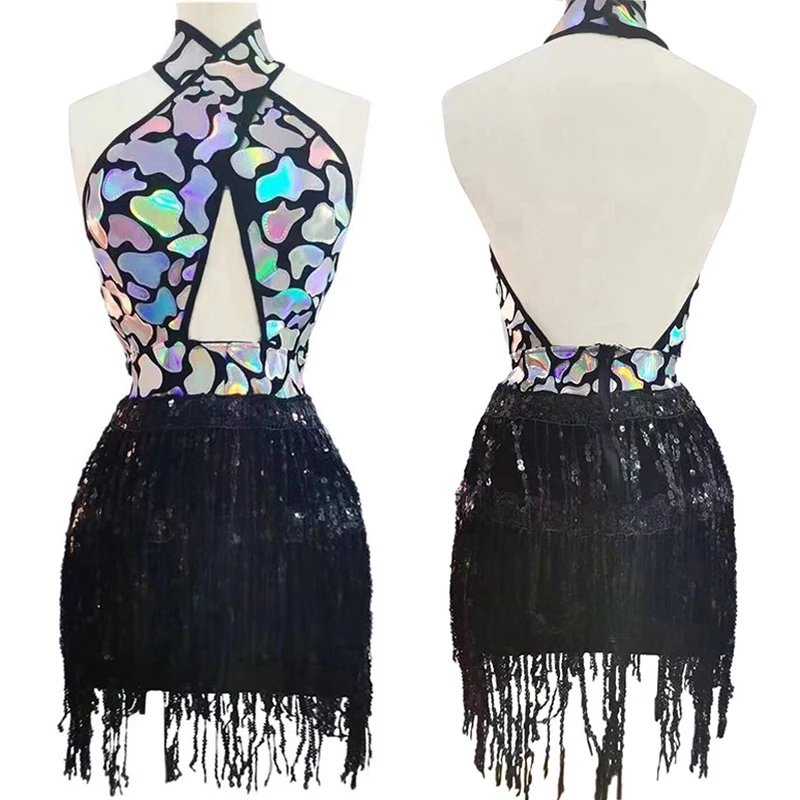 Sexy Backless Sequins Mirror Dress Rave Outfit Bar Gogo Dance