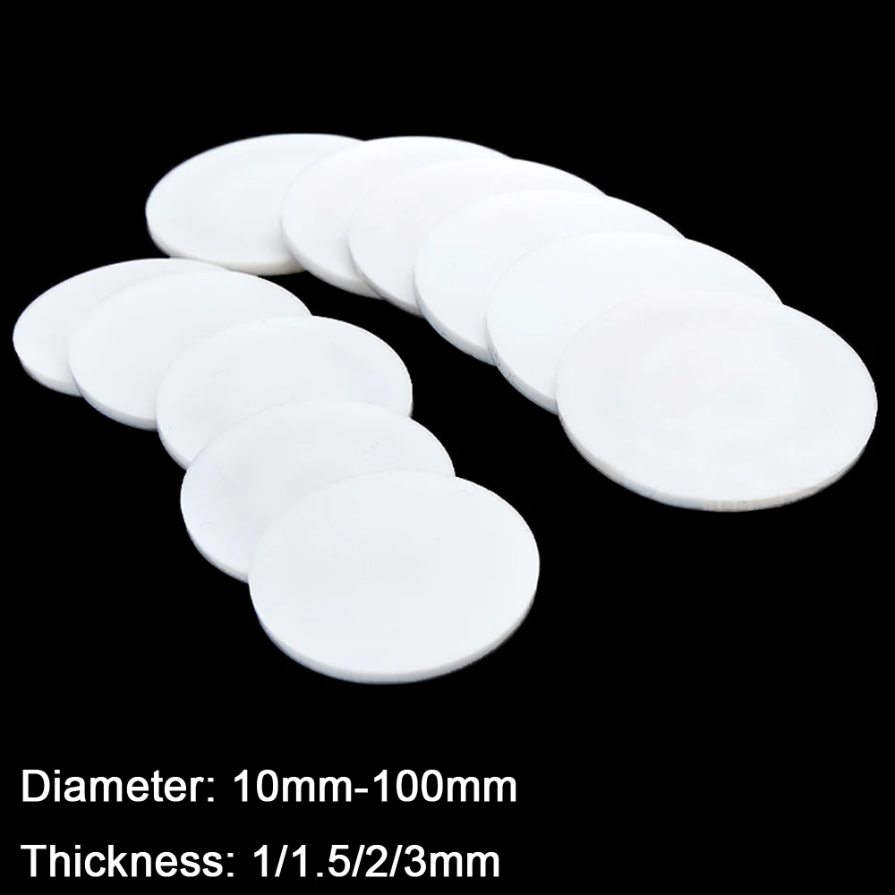 10Pcs Solid Ptfe Sheet Round High Temperature Seal Gasket Pad Dia 10/12/15/18/20/25/30/40/50/60/70/80/90/100Mm Thick 1/1.5/2/3Mm