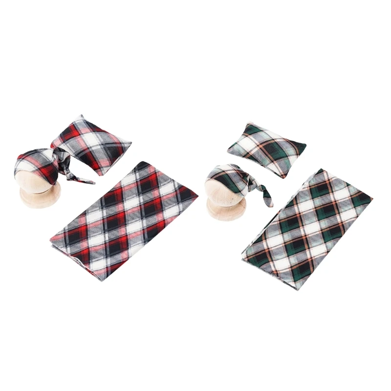 

Lovely Baby Photography Props Wrap Hat Pillow Set Newborn Photo Costume Wrap Outfits Plaid-pattern for Boys Girls Gift