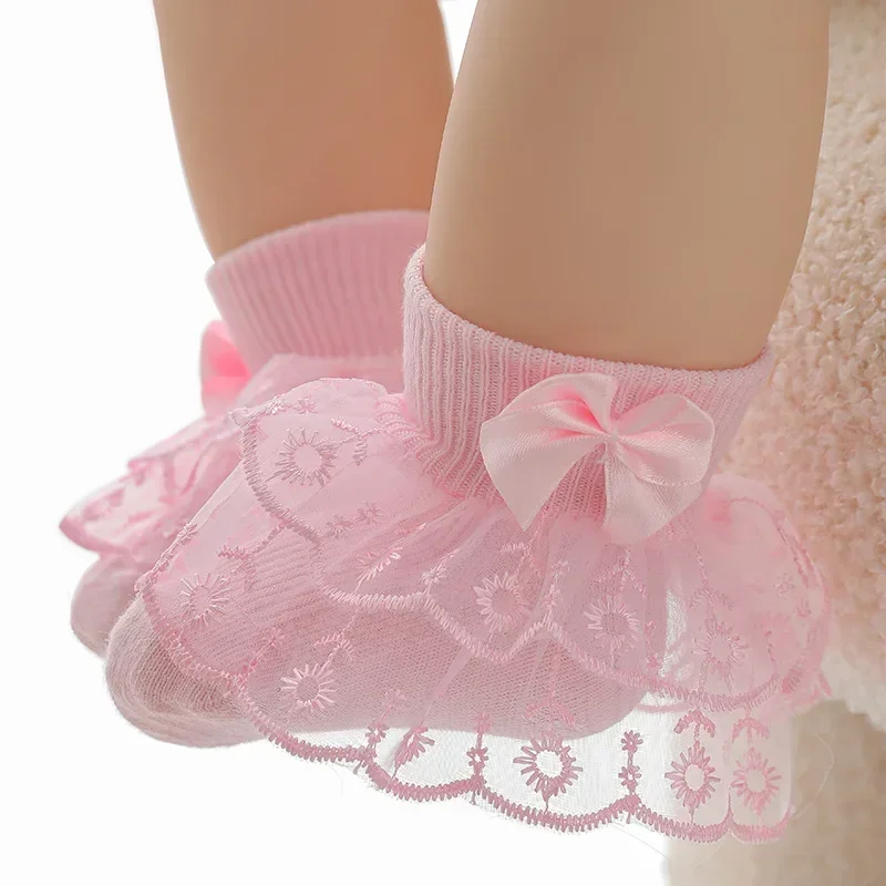 Newborn Baby Socks for Girls Cotton 2 Layer Lace Ruffle Infant Girls Sock Princess Bow Toddler Girls Socks Clothes Accesories
