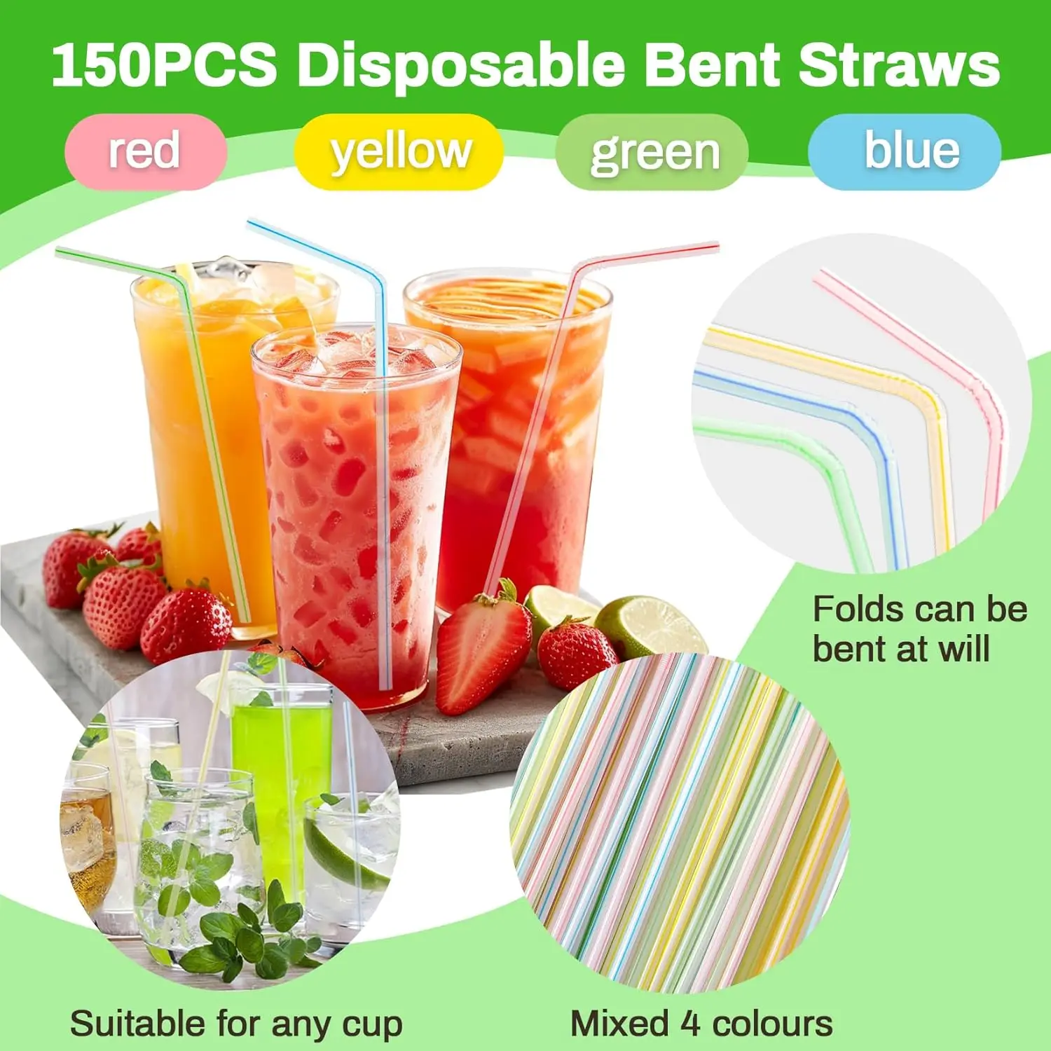 150PCS Disposable Plastic Drinking Straws - Flexible Straws Disposable Long Colorful PP Plastic Striped Assorted Colors for Home