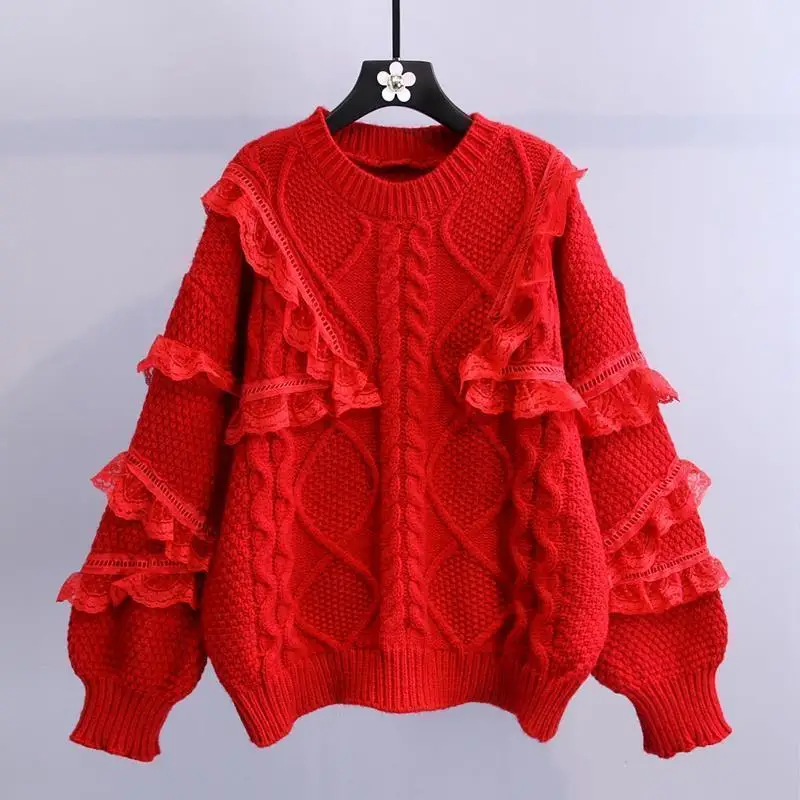 Womens 2022 Autumn Winter Fashion Lace Loose Sweater Tops Female O-neck Twist Knitted Tops Ladies Thicken Warm Pullovers Sweater black sweater