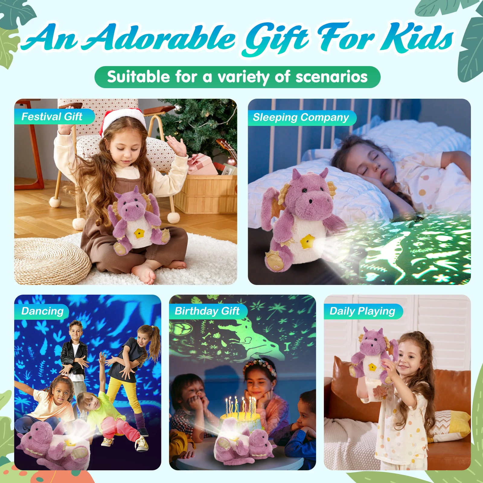30cm Projector LED Light Plush Toys Doll Dragon Dinosaur Giraffe Luminous Stuffed Animals Doll Pillows Lullaby Gifts for Girls
