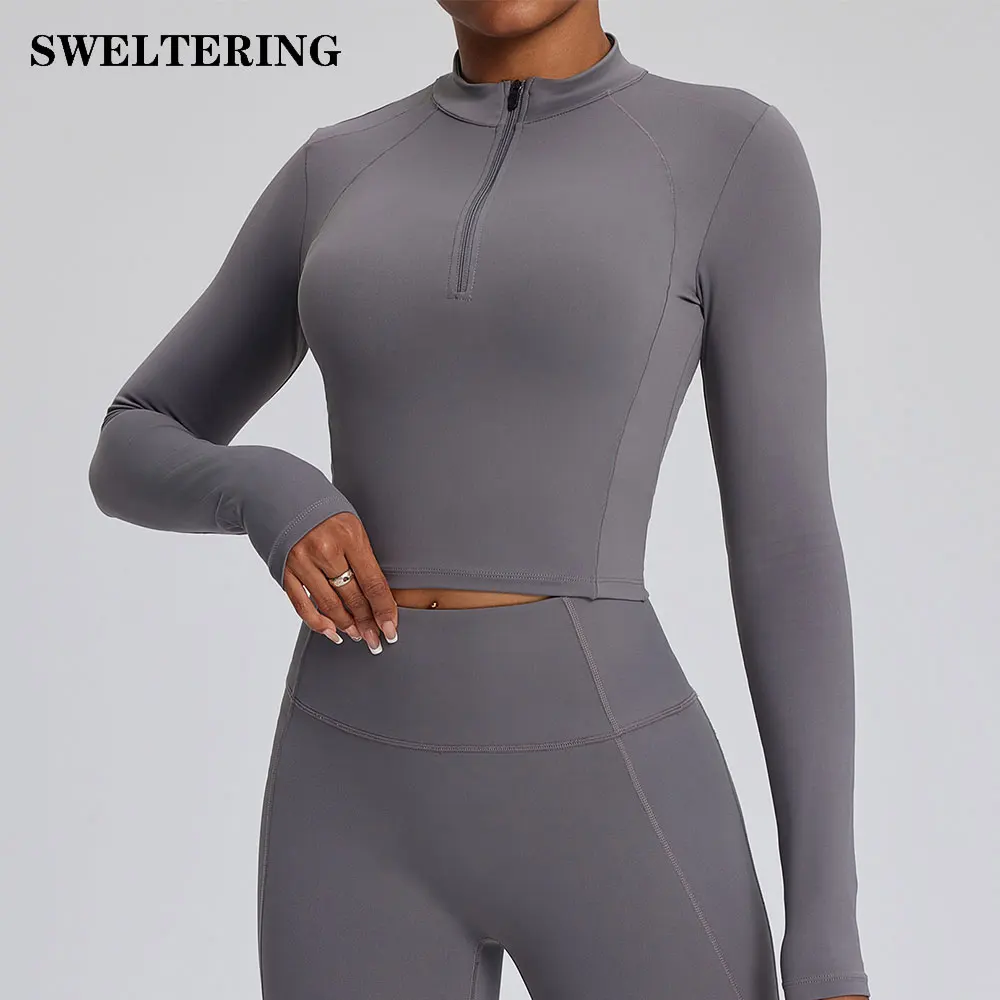 Solid Color Letter Zhang Zi Round Neck Long Sleeve Short Top Yoga Two-piece Set