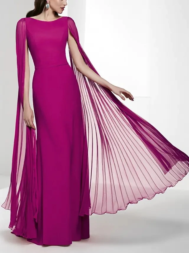 Fuchsia Arabic Dubai Formal Evening Dresses 2022 Jewel Neck Cap Sleeves Chiffon Prom Party Gowns Robe De Soiree Femme plus size formal dress Evening Dresses