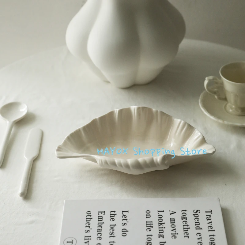 Three-dimensional Shell Plate Cream Retro Ceramic Plate Fruit Snack Dinner Tray Dish Set Jewelry Storage Dish Tableware dining dish