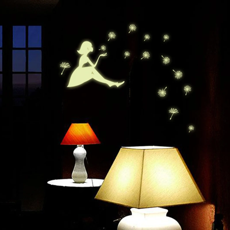 Luminous Dandelion Girl Wall Stickers Fluorescent Flowers Fluttering Glow in the Dark Home Decorations for Kids Room Bedroom