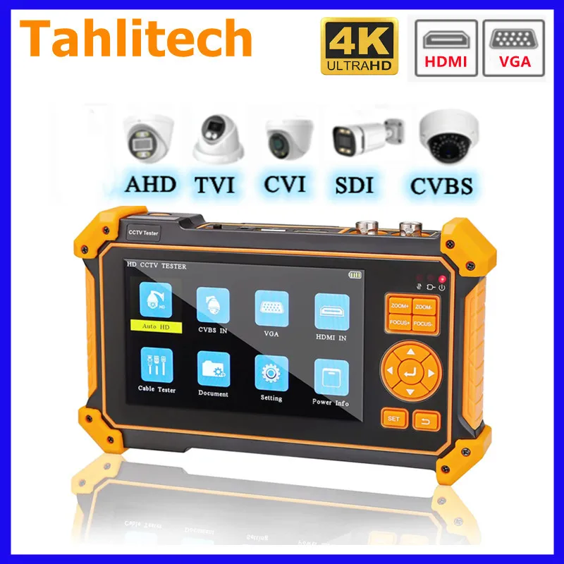 Tahlitech CCTV Tester Camera HD Coaxial 4K 8MP ADH TVI CVI CVBS Camera Tester with Cable Tester 5 inch TFT-LCD Screen Monitor iv8c hd coaxial cctv tester camera monitor support 8mp cvbs ahd tvi cvi 4 in 1 tester 5 inch screen with ptz controller