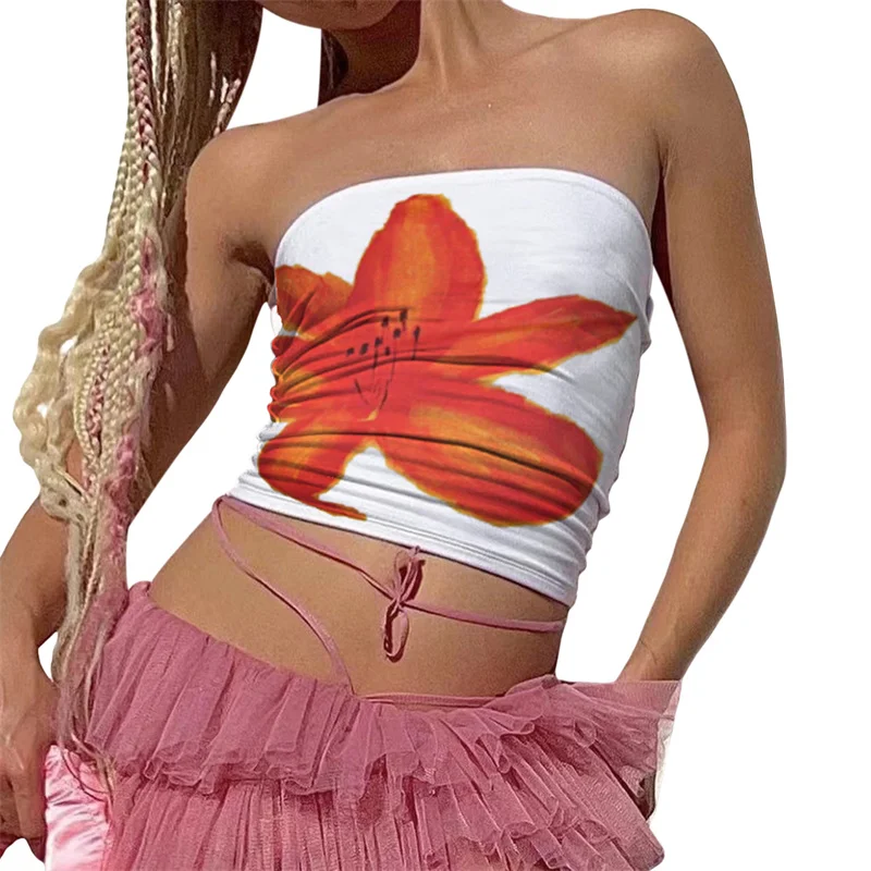 Top de tubo Y2K para mujer, con estampado floral estético, hombros descubiertos, sin tirantes, sin mangas, estilo bandeau, chaleco de los años 2000, ropa de calle para fiesta