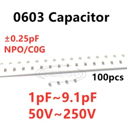 100pcs 0603 SMD Capacitor 1/1.2/1.5/1.8/2/2.2/2.4/2.5/2.7/3/3.3/3.6/3.9/4/4.3/4.7/5/5.1/5.6/6/6.2/6.8/7.5/8/8.2/9/9.1PF NPO C0G