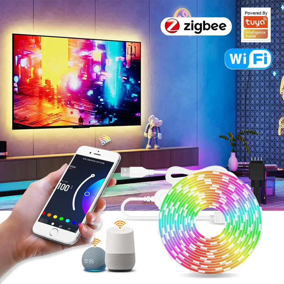 Smart Zigbee RGB Led Light Strip Wifi Tuya USB Led Lights 5V Flexible Tape TV Backlight Home Room Works With Alexa Google