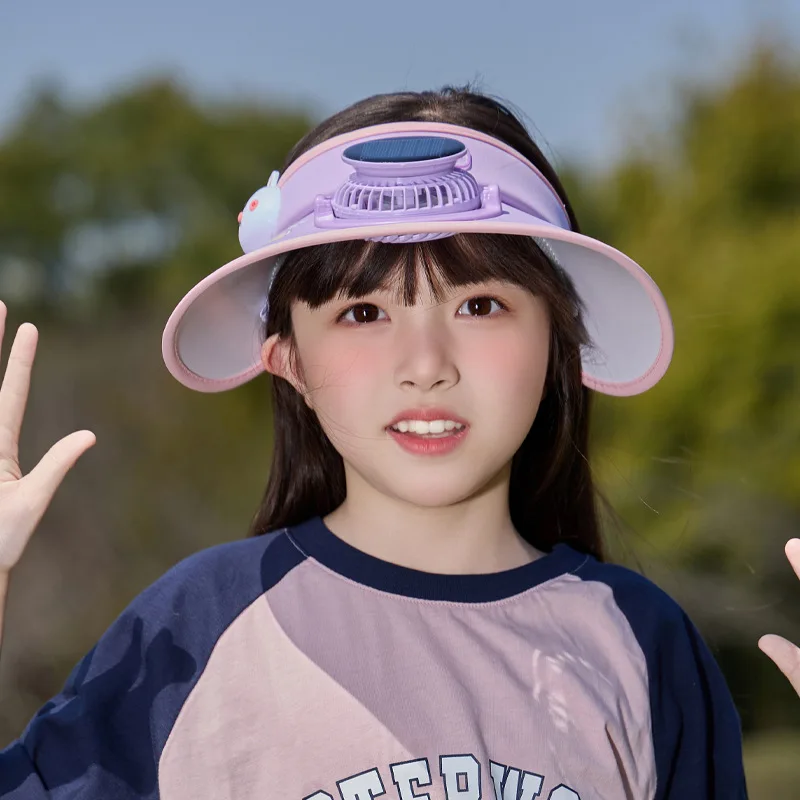 3-10세 어린이용 USB 충전 팬 태양광 팬이 있는 챙 넓은 빈 상단 햇빛 가리개 모자 (남아/여아 야외용)