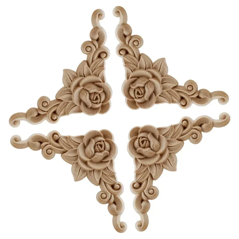 4pcs Natural Floral Wooden Figurines Crafts Wood Carved Corner Appliques Frame Wall Door Furniture Woodcarving Decorative 2