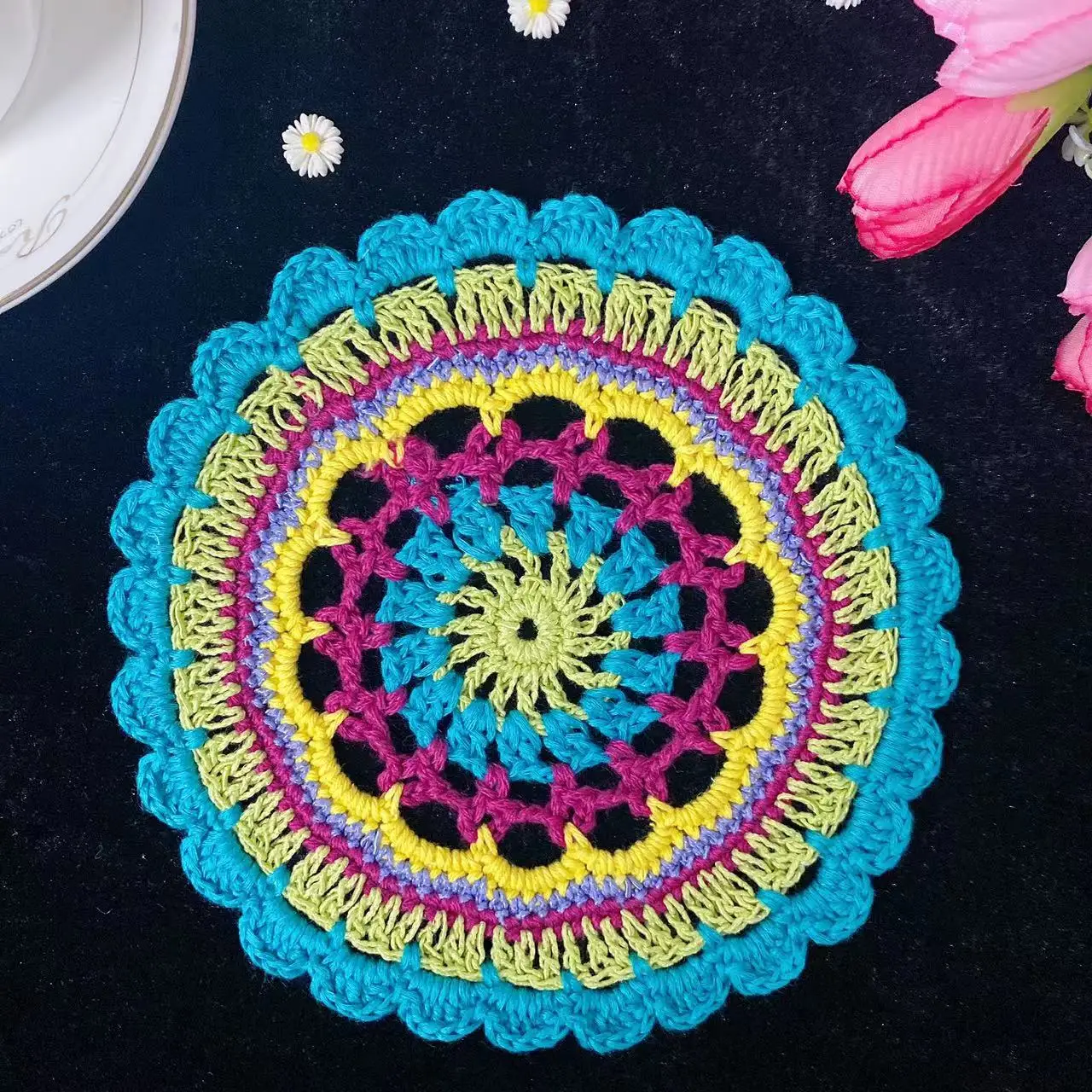 

Colorful flower cotton placemat coaster kitchen wedding Crochet table place mat cloth Christmas Table decoration and accessories