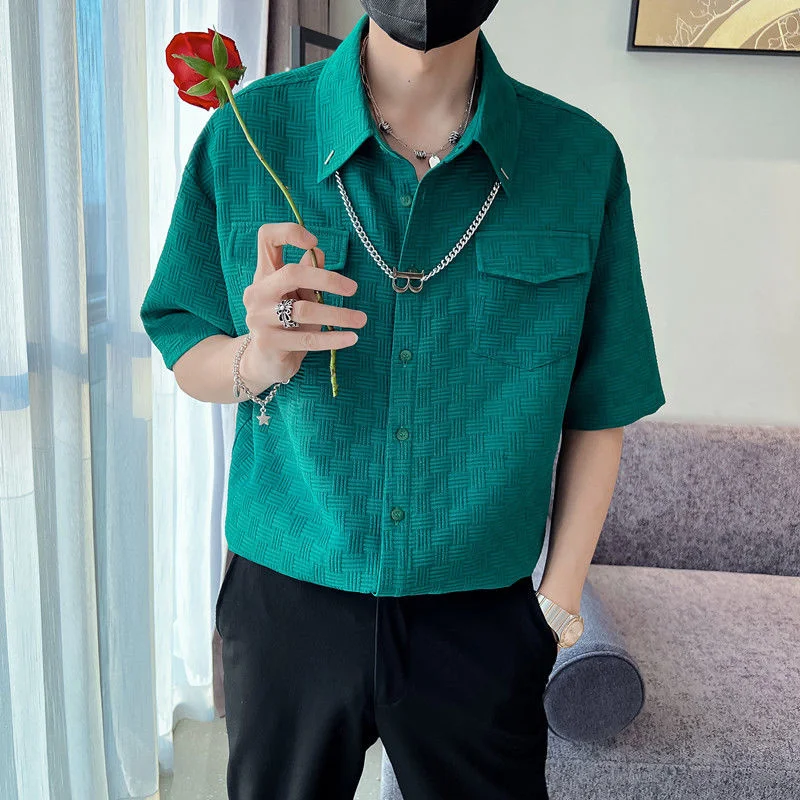

2022 Summer Men's Fashion Trend Hawaiian Cargo White Cotton Shirts Popular Lapel Collar Camisa Masculina White/green/black Shirt
