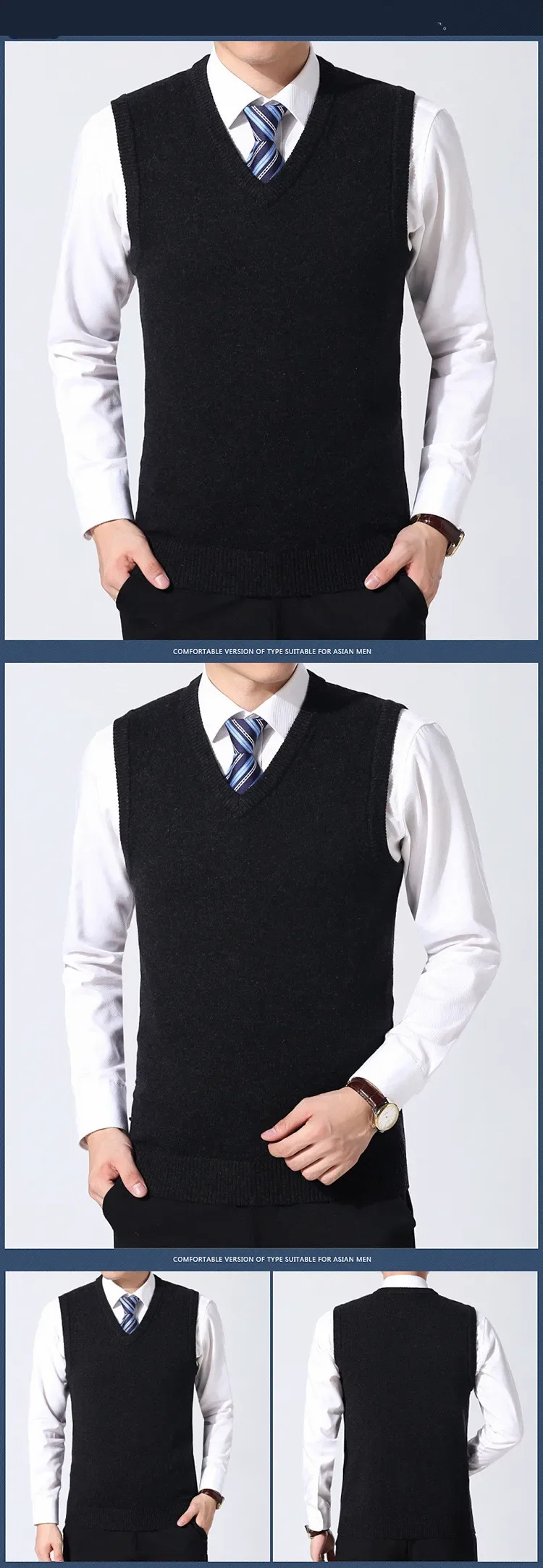 Description Picture 3 of itemAutumn New Men's Sweaters Vest Korean Fashion Pure Color Wool Men Sweater Warm Pullover for Male Vest V Collar Man Clothing