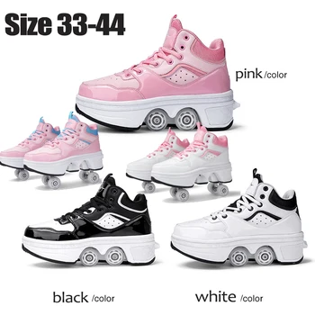 변형 롤러 스케이트 신발, 더블 로우 4 휠 스케이트, 이중 목적 롤러 스니커즈 신발, 사이즈 33, 34, 35 - 44