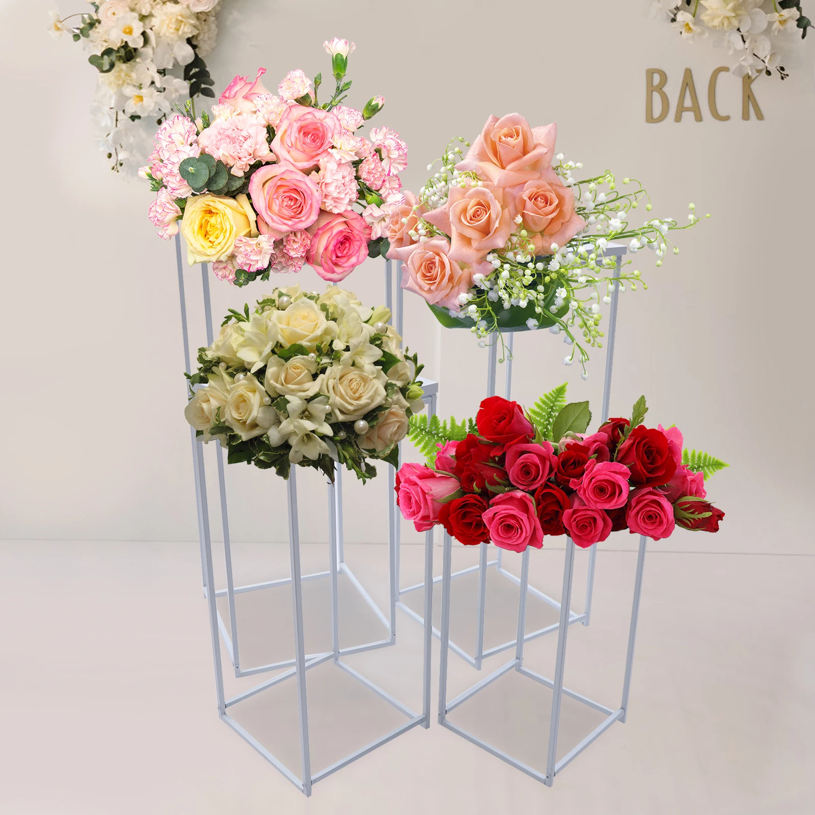 Wedding Flower Stand Metal Flower Stand Set Elegantly Column Cube Shape Backgrand Metal Floor Stand Garden Wedding Ceremony Home Party Decorations