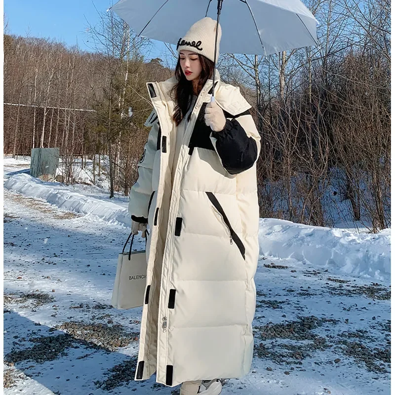Korean Black White Patchwork Long Down Coat Hooded Padded Jacket Women Thicken Winter Warm Oversized Down Jacket Coat Overcoat